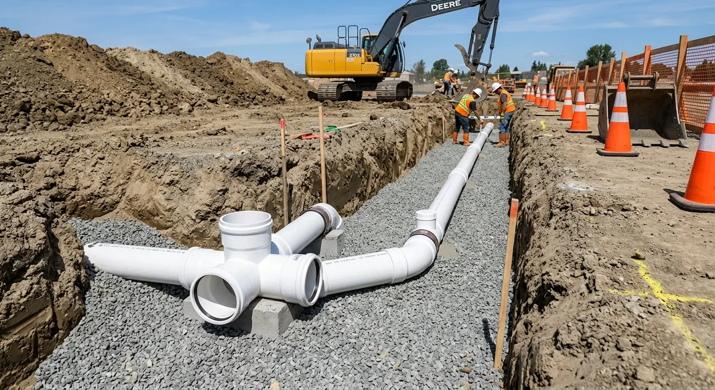 New PVC sewer pipe installation in open trench for Commercial Drain Cleaning in Graham