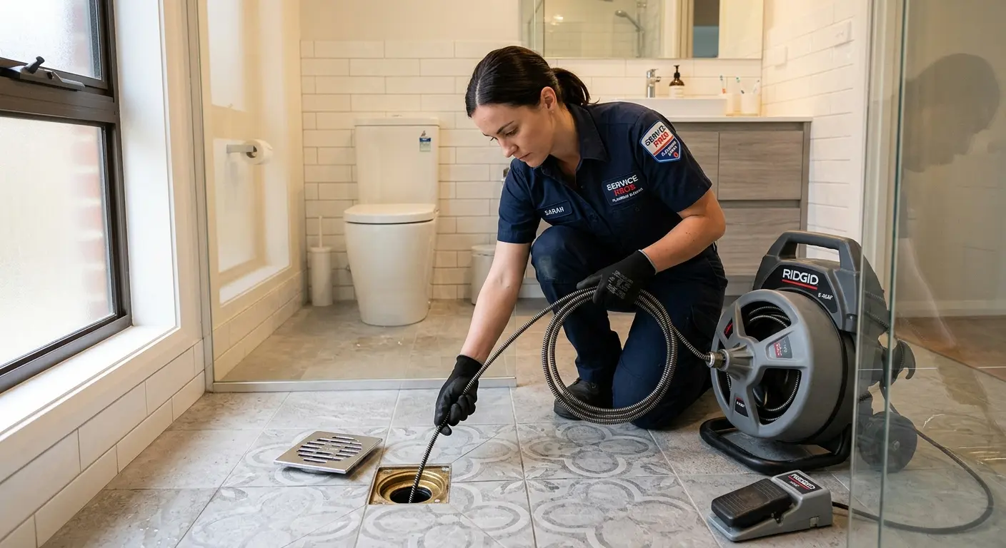 Technician clearing a bathroom floor drain for Drain Repair in Graham